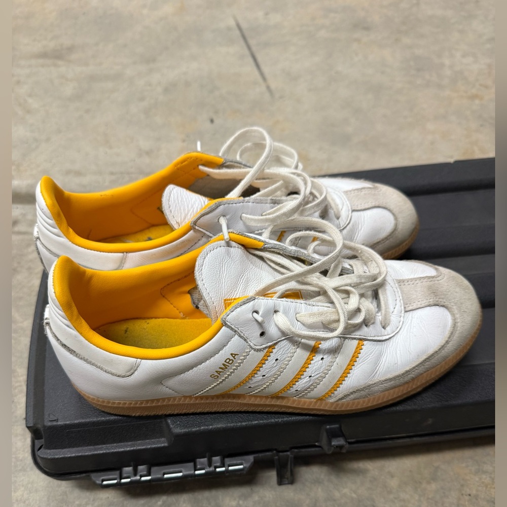 Adidas White Sneakers with Bold Yellow Accents